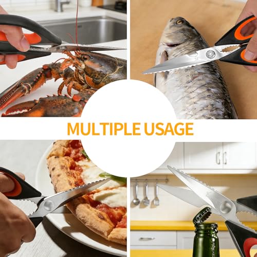 Image of Kitchen Scissors, Heavy Duty Shears with Safety Cover, Soft Grip, for Meat, Poultry, Herbs Cutting, Bottle and Jar Opener (Red & Orange)