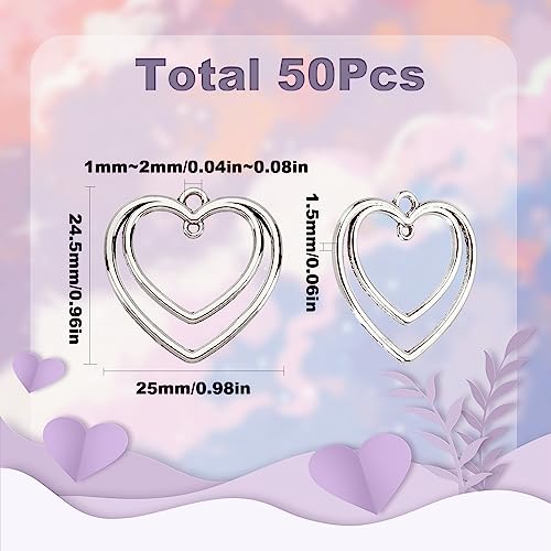 SUNNYCLUE 1 Box 50Pcs Heart Connector Charms Double Heart Charms Open Bezel Charme Love Charm Pressed Flower Blank Frame Hollow Charm Connectors for jewellery Making Charme Resin Work Antique Silver - Image 2