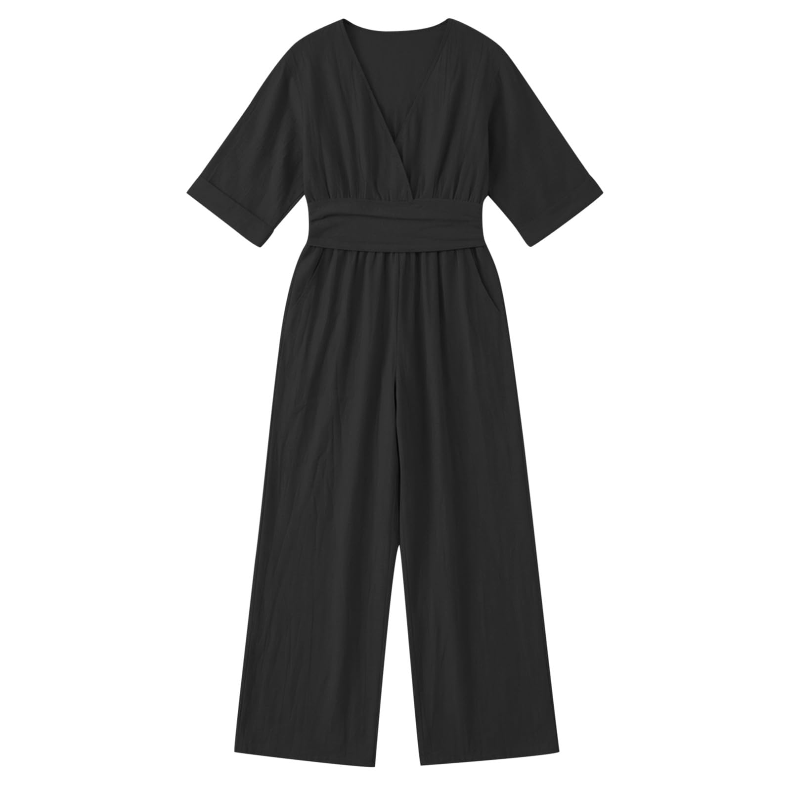 Generico Tuta Elegante Donna Cerimonia - Elegant V Neck Jumpsuit for Summer with Waist Tying Belt Casual Piece Romper Tute Da Monopezzi E Tutine Lunghe a Gamba Larga Con Cintura Pantaloni Lungo