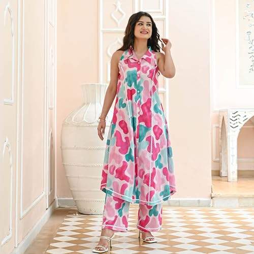 Image of Sidhidata Women's Rayon Blend Geomatric Printed Anarkali Kurta Pant Set |Summer Suit (AK Clouds)