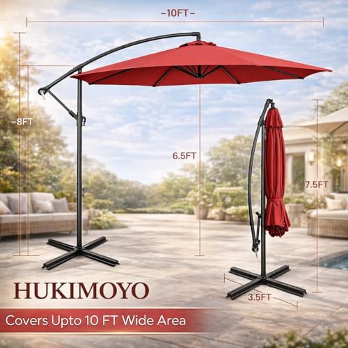 Image of Hukimoyo 10Ft Diameter Large Outdoor Patio Cantilever Offset Umbrella with Base Stand, Waterproof Heavy Duty Garden Parasol Sun Shade Canopy, Side Pole Umbrella for Backyard, Poolside, Deck, Lawn, Terrace, Cafe.
