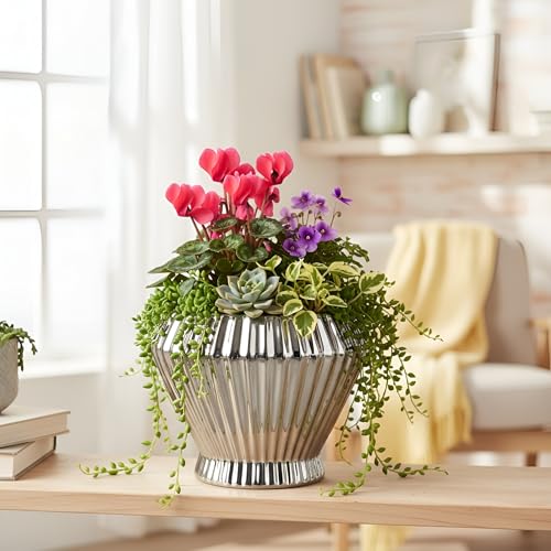 Image of Xtore Ornamental Ceramic Floral Bowl Planter | Ribbed Centerpiece Flower Pot for Coffee Table & Living Room Decor - (Metallic Silver, Planter ONLY)