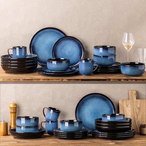 Image of LERATIO Ceramic Dinnerware Sets for 4,16-Piece Reactive Glaze Plates and Bowls Set with Mugs,Highly Chip and Crack Resistant | Dishwasher,Microwave & Oven Safe Dishes set-Blue