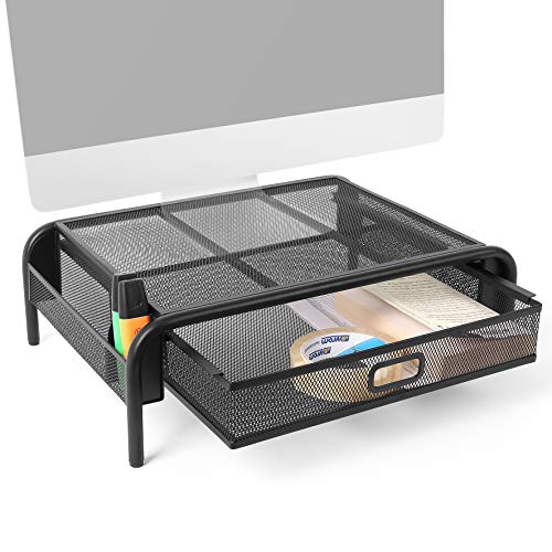 Duronic DM072 Elevador para pantalla, ordenador portátil, televisor con cajón para objetos – 33x29.5 cm - Soporta hasta 10kg – Soporte ergonómico para trabajar – Metal negro – Espacio organizado