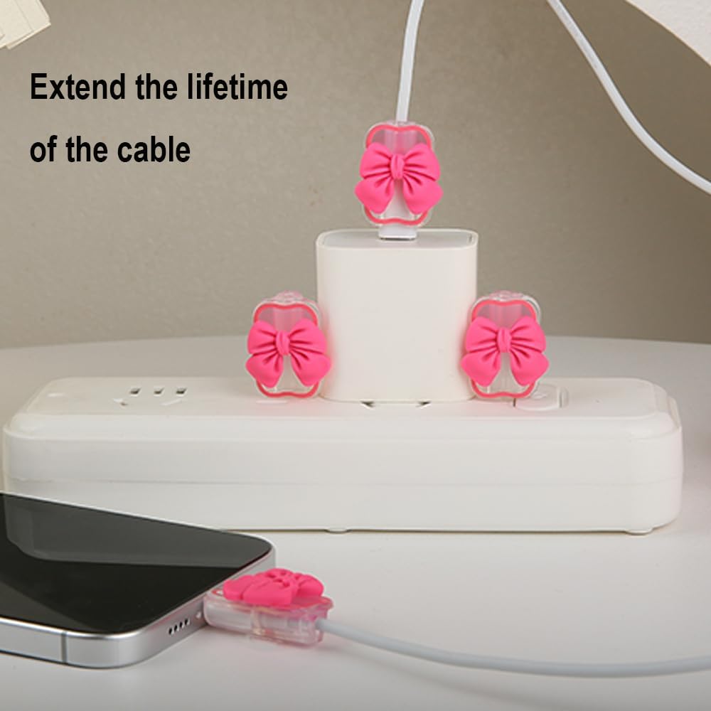 4pcs Cable Connection Protector, Cute 3D Bow Tie Waves Design for Apple Lightning/Type-C Data Line Head Cord Savers Wire Protection Cover Anti-Break Charger Cables Sleeves, Rose Bow image 4