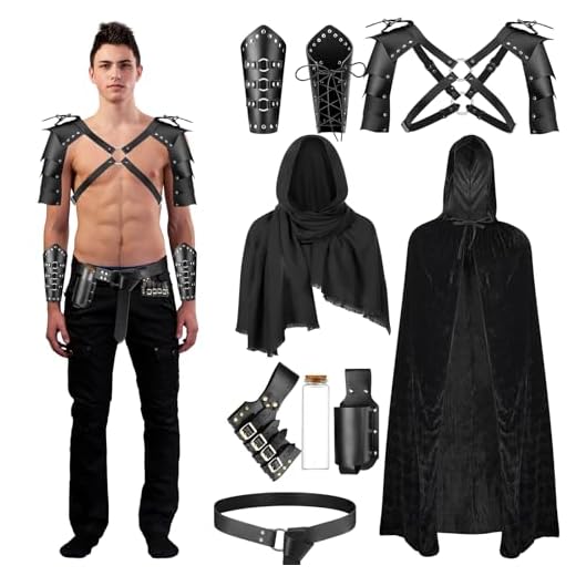 PLULON Disfraz de caballero medieval vikingo para hombre, 9 piezas, disfraz de Halloween, capa retro con capucha, chal de piel sintética, cinturón de hombro, armadura, hebilla, espada, rana, soporte