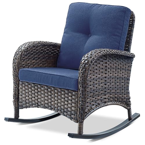Belord Patio Rocking Chair Wicker Chair 1 Piece Outdoor Rocking Chair Seating with Cushions for Porch Deck Balcony Brown/Blue
