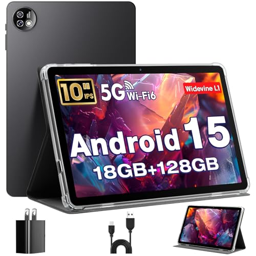 Tablette 10 Pouces, Tablette Android 15 avec Étui, Octa-Core, 18GB RAM+128GB ROM+Extension 1TB, Écran HD IPS 1280X800, 5G+2,4G WiFi, Double Caméra 5MP+8MP,...