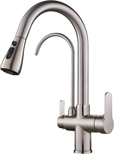Grifo de fregadero de cocina de 3 vías con grifo de agua potable, 2 manijas 3 en 1, grifo de cocina extraíble con filtro de agua y grifos