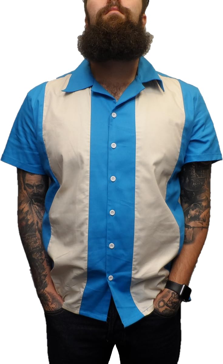 Mazeys Men's Blue/White Retro Rockabilly Bowling Shirts (As8, Alpha, M, Regular, Regular, )