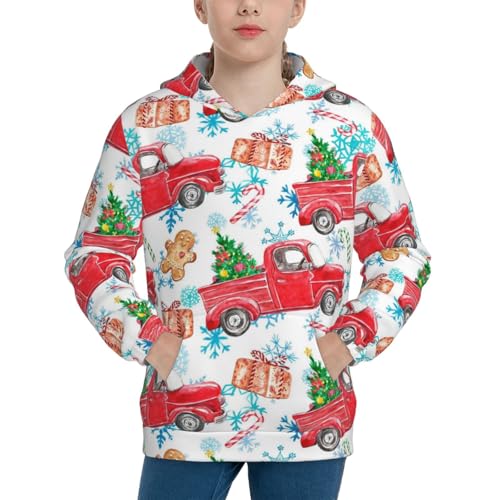 Watercolor Red Truck And Fir Tree Kid Hoodies Boys Sweatshirts Girls Pullover with Pocket