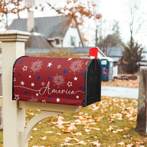 Image of 4th of July Mailbox Cover Magnetic 25.5 inchx21 inch Patriotic America Stars Fireworks Decorative Mailbox Wrap Independence Day Letter Post Cover Large Size for Garden Yard Outdoor