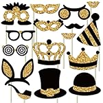 16 PCS Birthday Photo Booth Props Kit, Black & Gold Party Photo Booth Props Set, Easy-to-Assemble DIY Party Shooting Props, Birthday Selfie Props, Prom Photo Booth Prop for Women, Girls