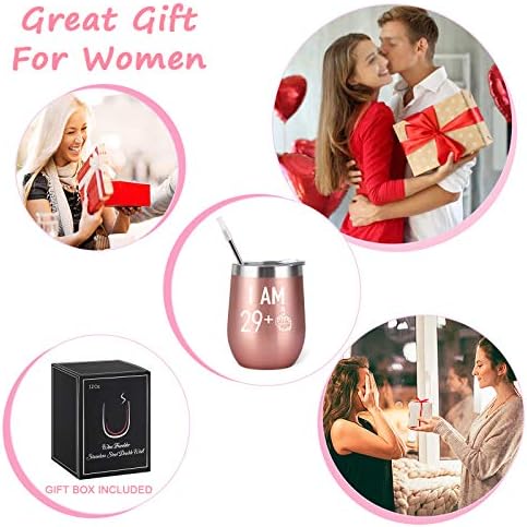 Livole 30th Birthday Gifts for Women, Wine Tumbler 29 +1 Cup, 12 OZ Stainless Steel Double Walled Vacuum Insulated Stemless Wine Glass with Lid and Straw, Gifts for Her, Mom, Men, Wife, Rose Gold