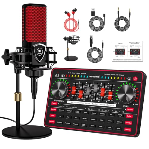 Podcast Microphone bundle Live Sound Card Streaming Audio Mixer, Podcast Equipment with Voice Changer/Audio Interface for Live Streaming/Singing/Content Creation, with Voice Effects Soundboard