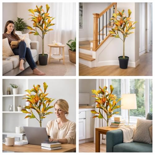 Image of Artificial Croton Plant - 90 cm Tall Faux Decorative Tree Without Pot for Indoor Outdoor Home, Office, Balcony & Living Room Decor