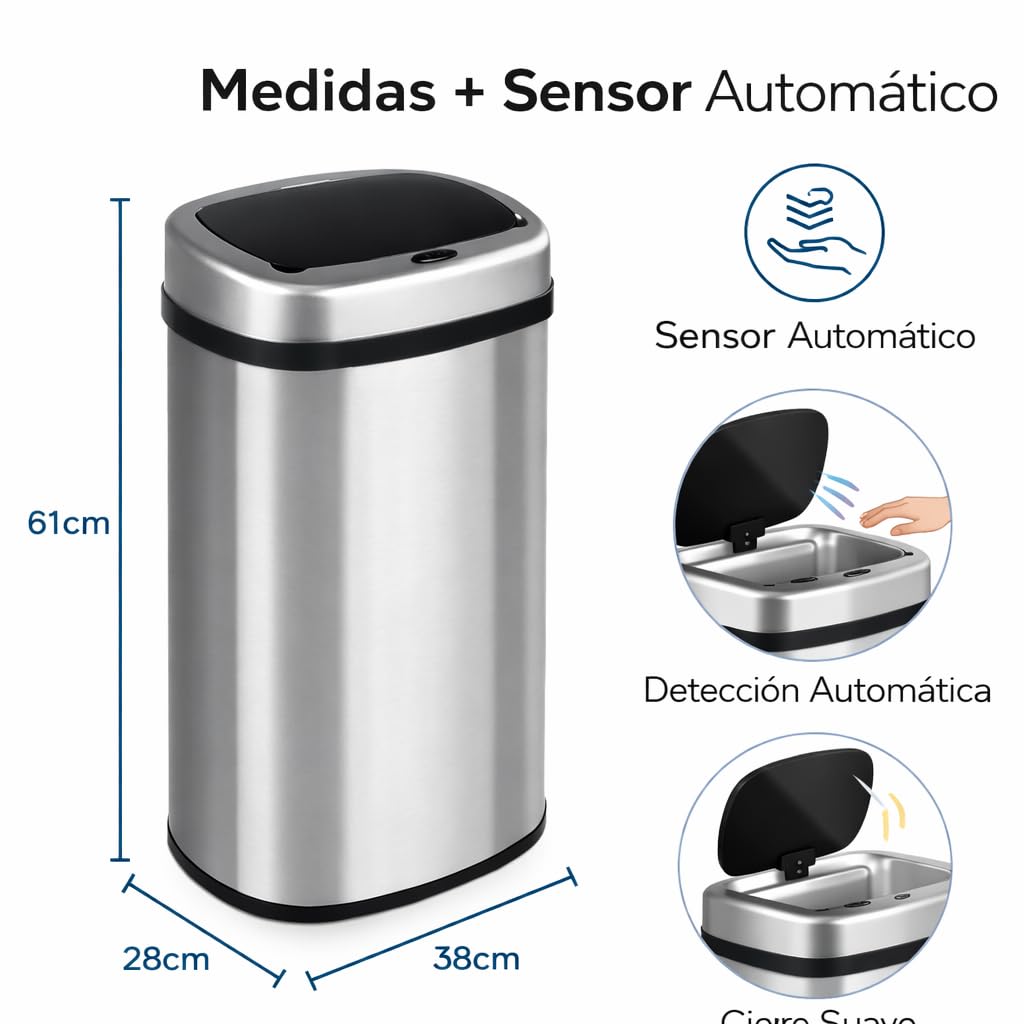 Cubo de Basura Automatico Cocina con Sensor de Movimiento Inteligente Sin Contacto | 50 litros Acero INOX Tapa Automática Carga con Pilas o Batería. Diseño moderno para hogar oficina y reciclaje