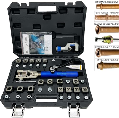 Hydraulic Flaring Tool Kits, 45° Double Flaring Tools, Brake Repair Brake Flaring Tool for 3/16"-1/2",Brake Flare Tool with Tube Cutter, 33PCS Flaring Dies for Copper Line, Steel Pipe and GM Reparing
