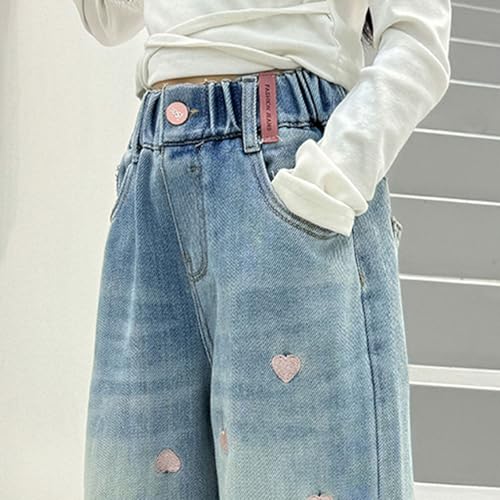 Teens Girls Baggy Y2K Jeans Kids Heart Print Vintage Elastic Wasit Palazzo Denim Pants Little Girl Trendy Wide Leg Trousers4