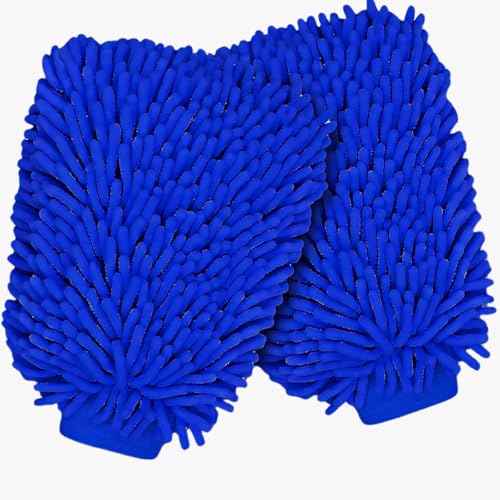 Image of Btag Double Sided Microfibre Wash Mitt Cleaning Gloves (2 Pcs, 2400 GSM, Size 26 X 19 Cm, Extra Large, Super Absorbent, Big Chenille Mitt Glove) (Blue)