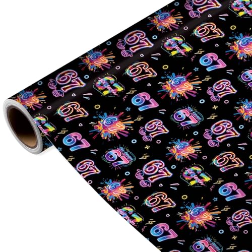 Neon 6 7 Meme Wrapping Paper Roll Rainbow Game Street Art Gift Wrap with Graffiti Splatter Lightning Stars Memphis Pop Patterns for 6 7 Meme Fans Birthday Holiday Party Decor 17 Inch x 16.4 Feet