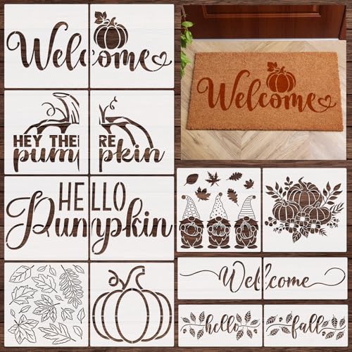 Gersoniel 14 Pieces Fall Pumpkin Stencils for Doormat Painting Hello Pumpkin Welcome Maple Leaf Word Stencils Kit for Craft Thanksgiving Reusable Polyester Film Template with Open Ring for DIY Decor
