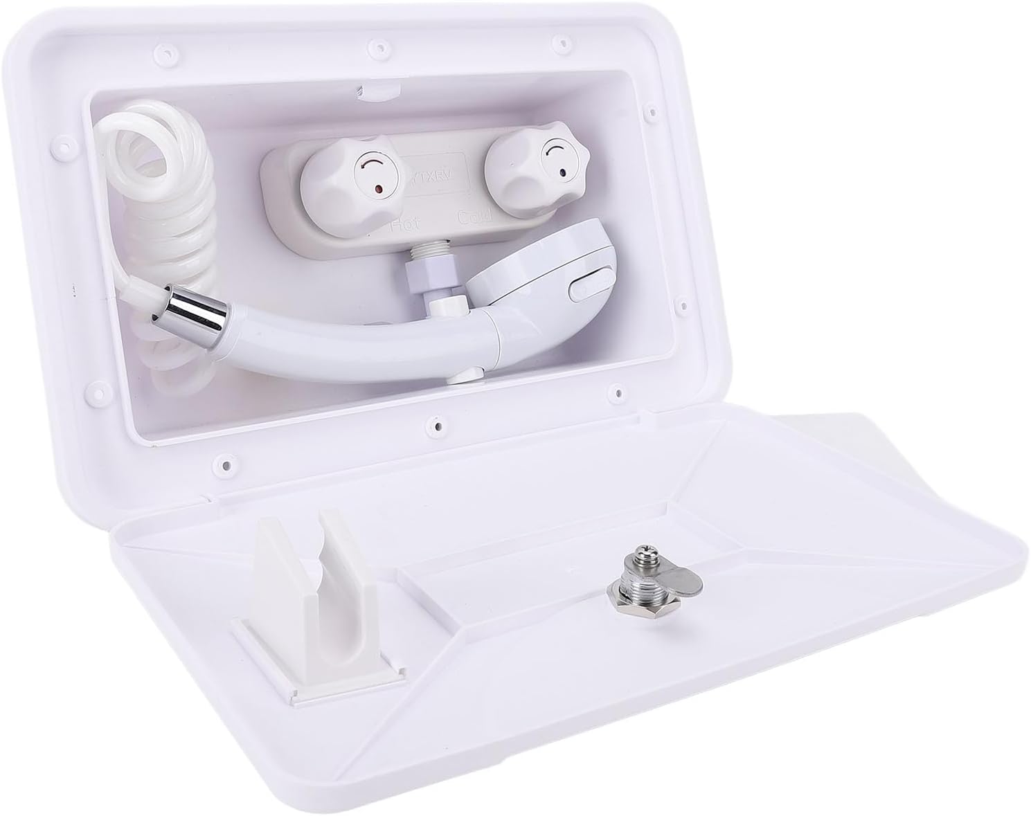 RV Exterior Shower Box with Retractable Hose Hot Cold Water Control for Motorhome Trailer Outdoor Use