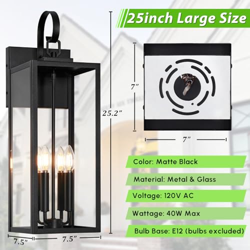 Image of BesLowe 25 inch Extra Large Outdoor Wall Light, 4-Light Black Exterior Sconce