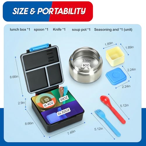 Image of Bento Lunch Box for boys,60 OZ Insulated Bento Lunch Box with 8OZ Leakproof Insulated Food Jar, 3-4 Compartments Bento Box for School, BPA-Free Dishwasher Safe