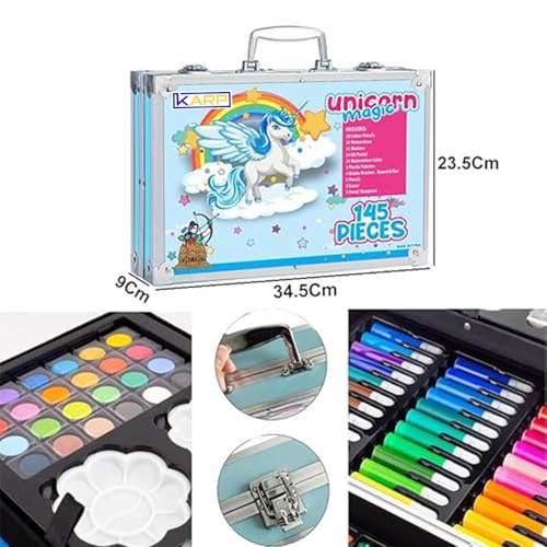 Image of KARP 145 Pcs Children Deluxe Art Drawing Set for Kids Case Studio Art and Craft Supplies Drawing and Painting Set Great Gift (Unicorn Design-Blue)