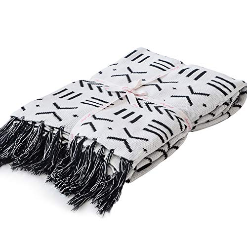 100% Cotton Knitted Blanket Black and White Two Sides Jacquard Couch Throw Blanket with Handmade Tassels (52’’x 63’’)