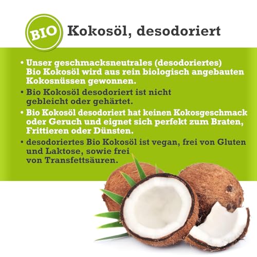 mituso Bio Kokosöl desodoriert 1 Liter | Geschmacksneutral - Ideal zum Braten, Backen, Frittieren | vegan, ohne Zusätze - Vielseitig für Haut & Haar | im Drahtbügelglas