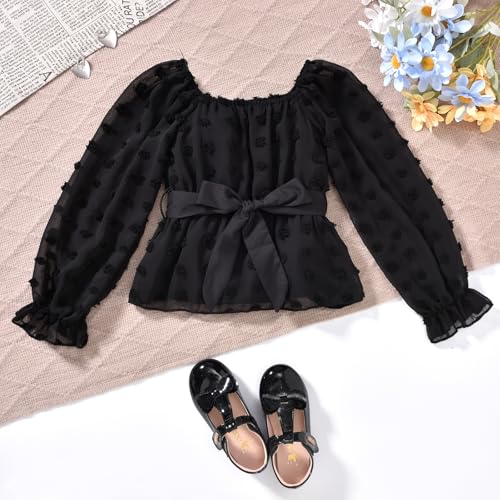Image of HIHA Girls Fall Clothes Long Sleeve Chiffon Swiss Dot Top Black Flare Legging Pants Set