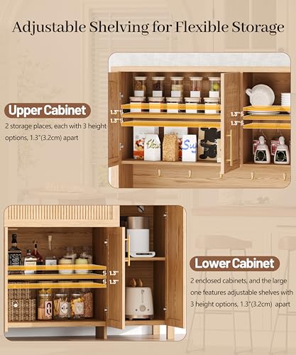 Image of Fluted Kitchen Pantry Storage Cabinet with Charging Station, Coffee Bar Cabinet with Drawer & Adjustble Shelves, Tall Kitchen Hutch Cabinet with Microwave Stand, for Dining Room, Natural Oak