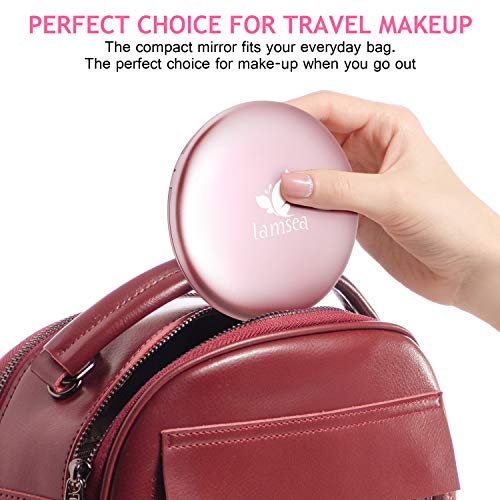 Led Lighted Travel Makeup Mirror Foldable, Dual Sided Vanity Mirror With Lights Portable Compact Illuminated Folding Tabletop Cosmetic Mirror, 1X/5X Large 4.9” Handheld Magnification Pocket Mirrors #TOP6