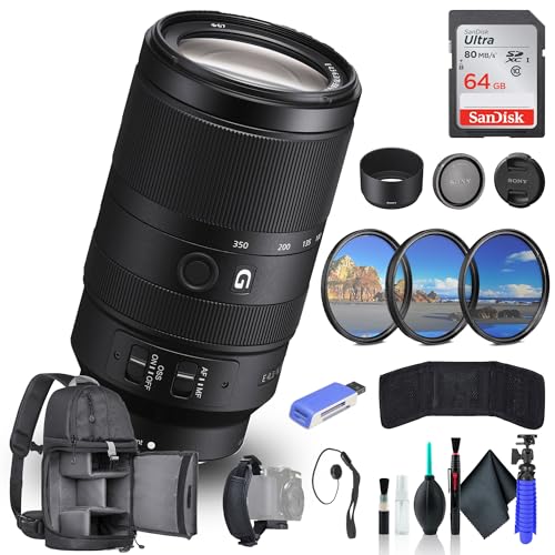 Sony E 70-350mm f/4.5-6.3 G OSS Lens SEL70350G, 64GB Memory Card, Filter Kit, Backpack, Card Reader, Flex Tripod, Memory Card Wallet, Cap Keeper, Cleaning Kit, Hand Strap