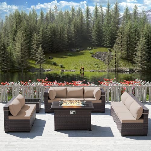 Image of 10 Pieces Outdoor Patio Furniture Set,Outdoor Sectional Furniture with 43 inch 55000 BTU Gas Propane Fire Pit Table,All Weather PE Rattan Wicker Patio Conversation Set,Sand