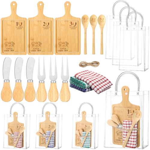 Patelai Set of 3 Chili Cook off Trophies Chili Cook off Prizes 1st 2nd 3rd Board Butter Knives Fork Spoon Plaid Towel Gift Bags Competition Gifts for Men Women Festivals Decorations(Bamboo)