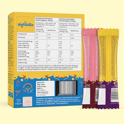 Image of Highdrate Caffeine Drink Mix for Energy & Daily Hydration | 80mg Caffeine Powder for Focus & Performance| Make Water Tasty with Natural Passion Fruit & Berry Flavours, No Added Sugar (10 Sticks - 17g)