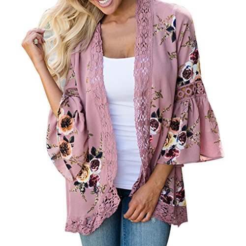 Boho Floral Dentelle Kimono Femme été Plage, Koly 2018 Printemps Loose Cape Châles Manteau Chemisier en Mousseline de Soie Shawl Cardigan Tops Chiffon Blouse Veste (Rose, XL-Buste: 115cm)
