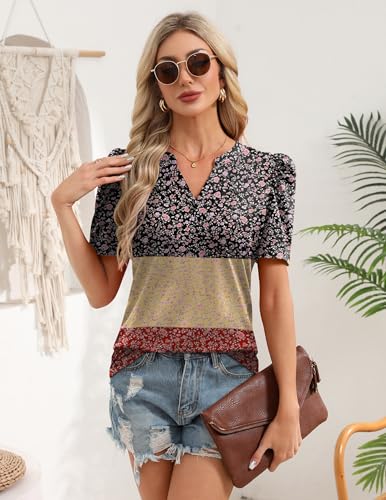 Image of Zeagoo Women Blouses Puff Short Sleeve Tops V Neck Dressy Casual Spring Shirts Boho Floral Cute Clothes 2026