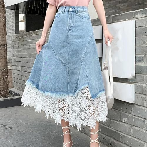 Womens Denim Skirt Pleated Lace Patchwork High Waist Slim A-Line Long Casual Denim Skirt2