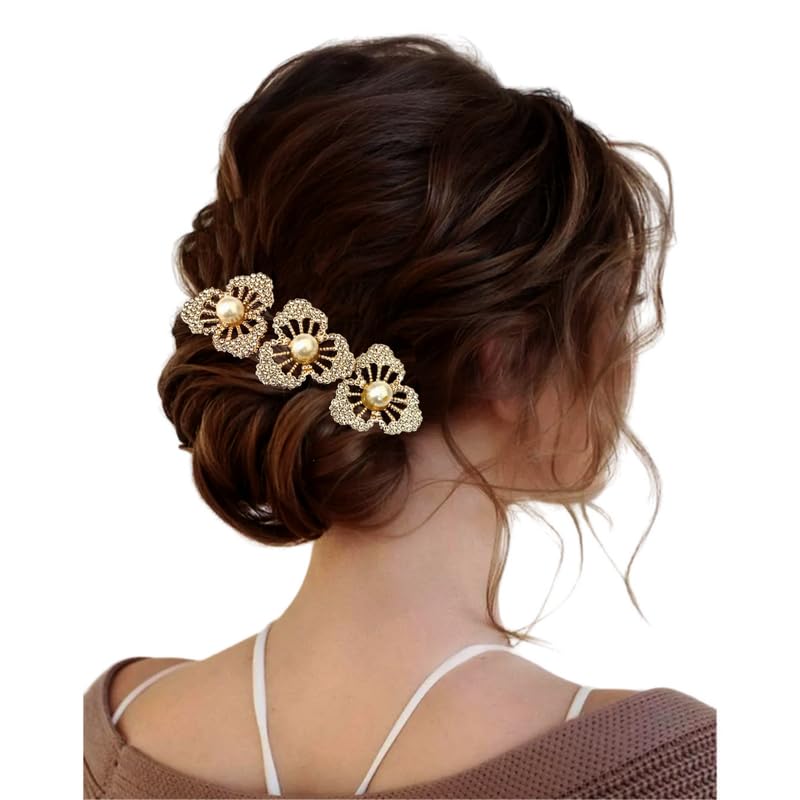 Hair Flare Gold Pearl Flower Hair Clip for Women & Girls | Elegant Floral Bun Hair Accessory | Decorative Hair Barrette for Bridal, Wedding, Party & Festive Look | Secure & Lightweight Hairpin