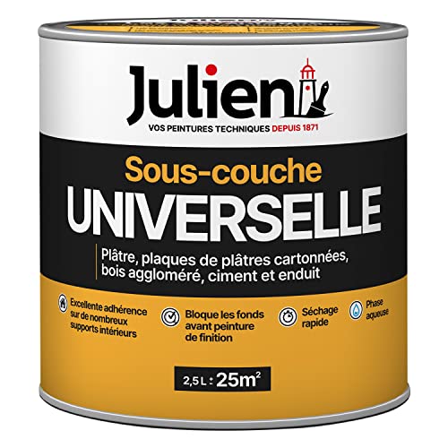 Julien Peinture Sous-Couche - Universelle - Murs et Plafonds, Plaques de Plâtre, Ciment, Béton, Enduits Lissés, Bois et Dérivés - Blanc Mat 2,5L