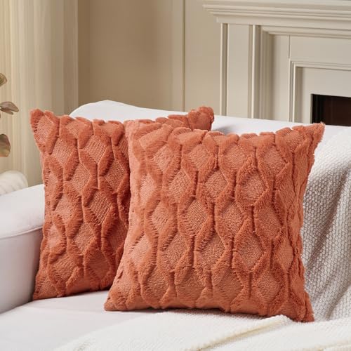Volcanics Pack of 2 Faux Wool Burnt Orange Throw Pillow Covers 20x20 Inches Decorative Farmhouse Velvet Couch Pillow Case Soft Plush Square Boho Cushion Pillowcase
