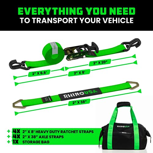 Rhino USA Car Tie Down Straps for Trailers with J Hooks (4-Pack) – 2" x8' (10,000lb Break Strength) – Heavy Duty Car Hauler Tire Straps with Axle Straps for UTV, Powersports & More – Green