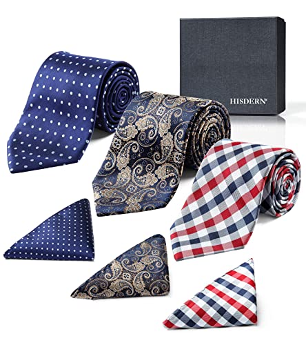 Image of HISDERN Mens Ties and Pocket Square Set Business Elegant Ties for Men Classic Lot 3 Pcs Wedding Party Neckties & Handkerchief
