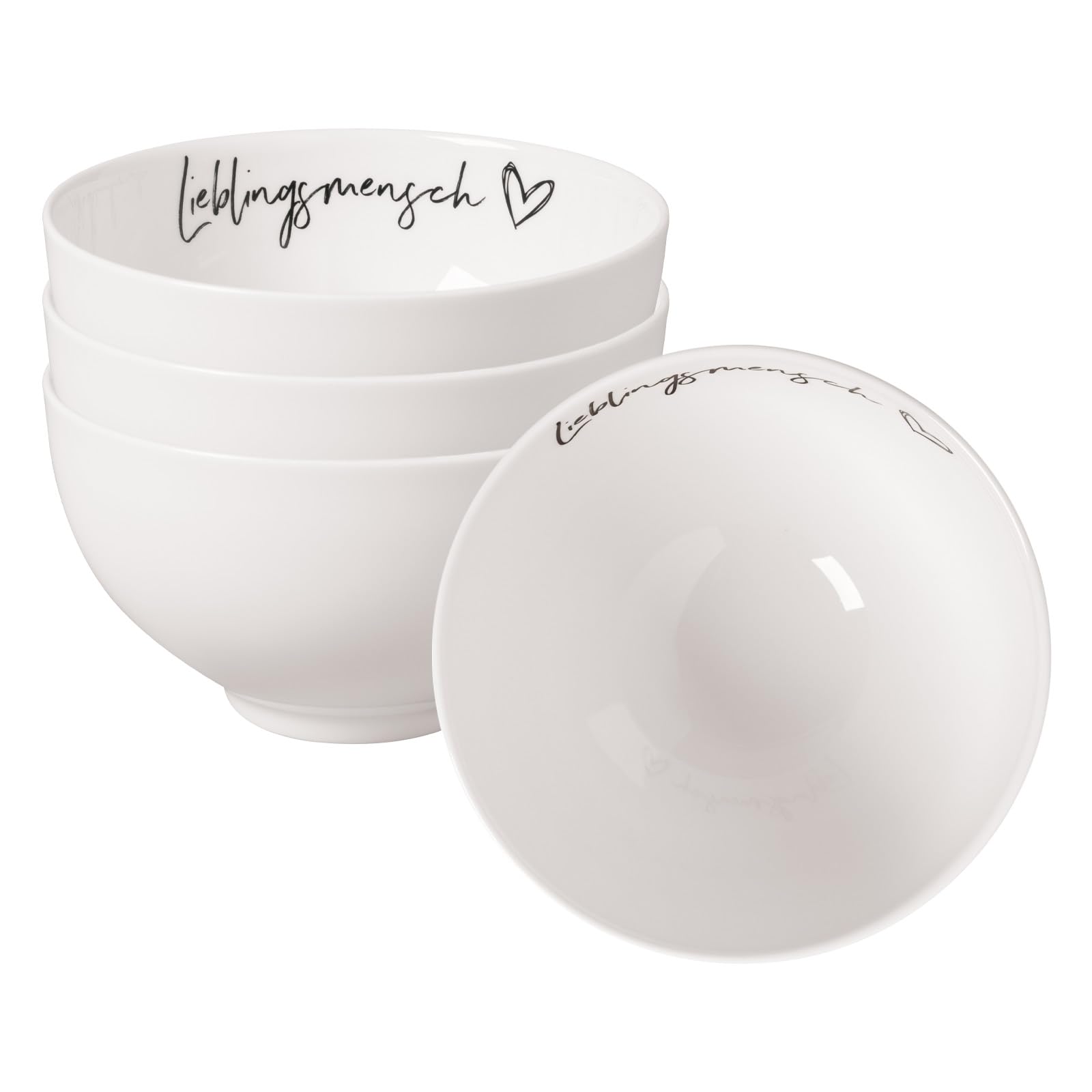 Villeroy & Boch Statement Müslischalen Lieblingsmensch 4er Set, 470 ml, Spülmaschinenfest, Mikrowellensicher, Schüssel, Bowl, Schale, Premium Porcelain, Weiß-Schwarz