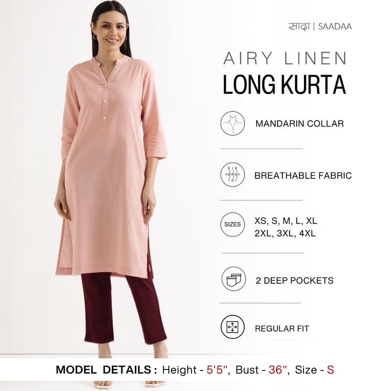 Image of SAADAA Women's Linen Straight Fit Straight Long Kurta Airy Plain Kurta, 3 /4 Sleeve, Knee Length Kurtis with Pockets, Casual and Office Wear