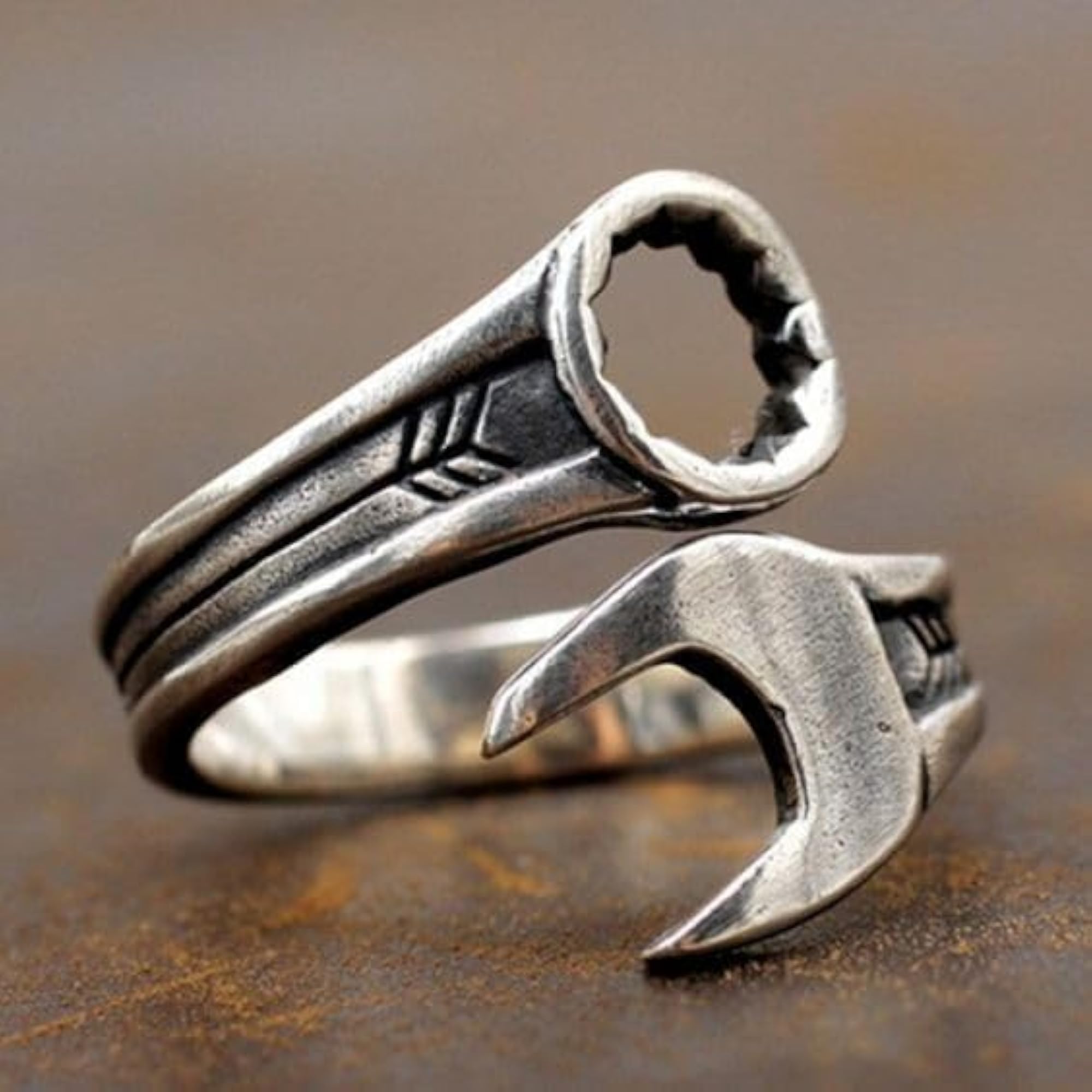 Gothic Wrench Adjustable Ring, Antique Silver Plated
